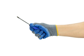 Worker's hand in a safety glove holding a screwdriver. A concept for repair, maintenance, or DIY...