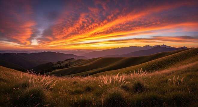 Fiery sunset paints dramatic sky over rolling hills and distant mountains clouds orange