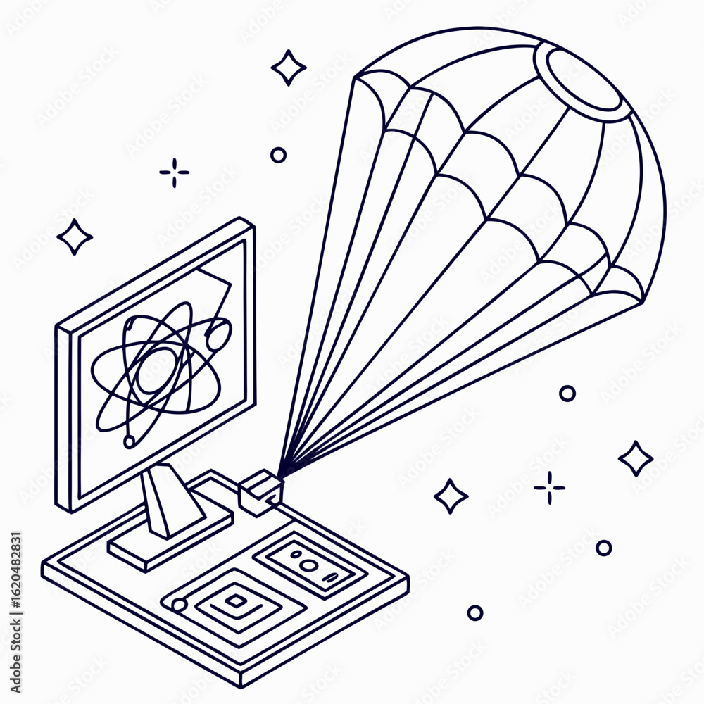 Poster vector art of quantum computing on computer screen isolated on white background