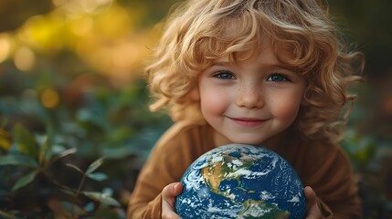 Joyful child playing with a globe exploring the world with curiosity and wonder