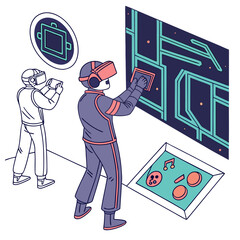 Vector art of people are playing virtual reality game with vr headset isolated on white background