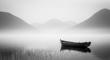 Lone weathered wooden rowboat floats on misty lake with distant mountains image