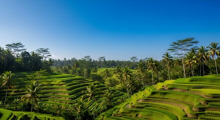 Terraced Rice Paddies with Palm Trees and Forest Vegetation Under Clear Sky in Tropical Southeast Asia