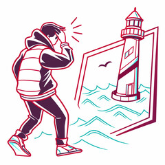 Vector art of man looking at lighthouse on the coast isolated on white background
