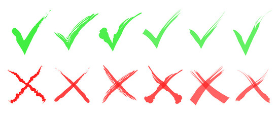 Green check mark and red cross icon set, circle and cross. Tick symbol in green color. Hand drawn checkmark and cross illustration. right and wrong
