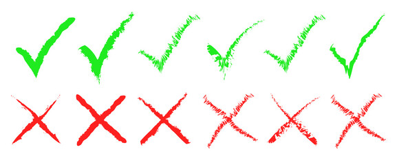 Green check mark and red cross icon set, circle and cross. Tick symbol in green color. Hand drawn checkmark and cross illustration. right and wrong