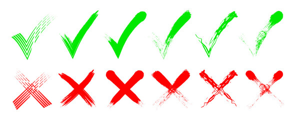 Green check mark and red cross icon set, circle and cross. Tick symbol in green color. Hand drawn checkmark and cross illustration. right and wrong