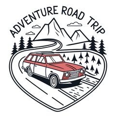 Vector art of adventure road trip with car and mountains isolated on white background