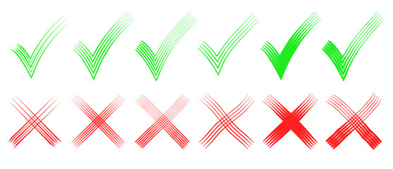 Green check mark and red cross icon set, circle and cross. Tick symbol in green color. Hand drawn checkmark and cross illustration. right and wrong