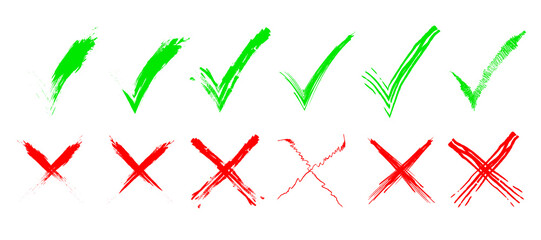 Green check mark and red cross icon set, circle and cross. Tick symbol in green color. Hand drawn checkmark and cross illustration. right and wrong