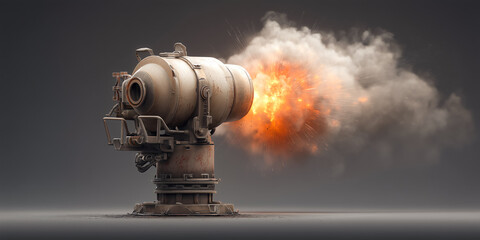 Explosive 3D rendering of heavy artillery turret with matte metal textures firing shell amid dynamic blast lighting