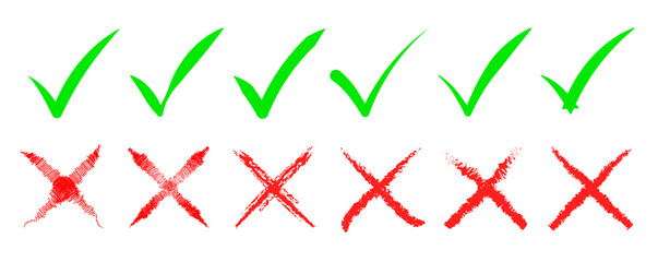 Green check mark and red cross icon set, circle and cross. Tick symbol in green color. Hand drawn checkmark and cross illustration. right and wrong