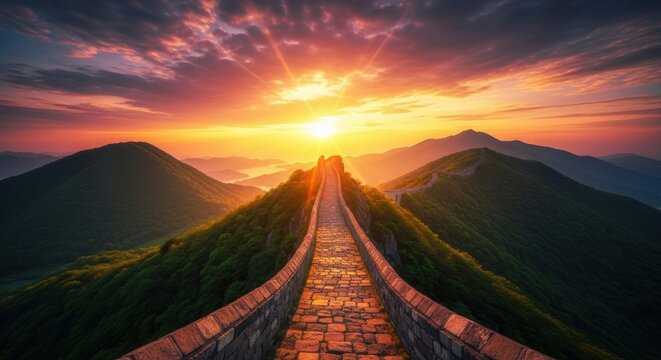 Stone pathway on mountain ridge at sunrise with vibrant sky dawn clouds