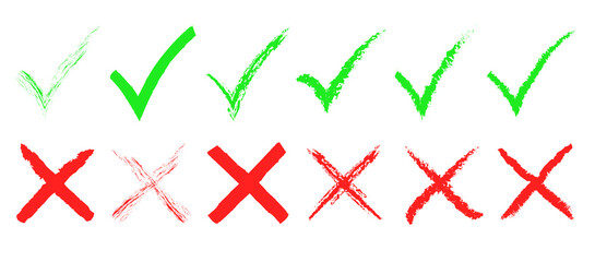Green check mark and red cross icon set, circle and cross. Tick symbol in green color. Hand drawn checkmark and cross illustration. right and wrong