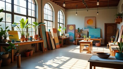 Bright and Airy Art Studio with Large Windows and Various Art Supplies