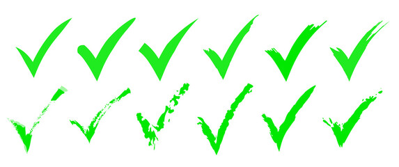 Green check mark icon set, click and right. Tick symbol in green color. Hand drawn checkmark illustration. Vector illustration