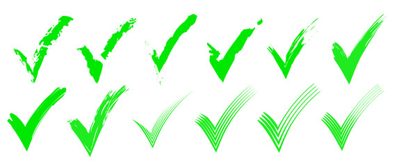Green check mark icon set, click and right. Tick symbol in green color. Hand drawn checkmark illustration. Vector illustration