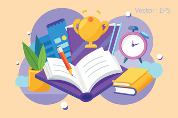 Golden trophy on open book with pencil and alarm clock education learning