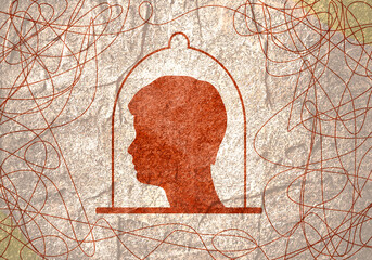 Psychotherapy concept. Metaphor of problem solving, chaos and mess, difficult situation. Psychological help and mental health. Human head and tangle of problems