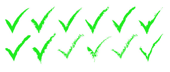 Green check mark icon set, click and right. Tick symbol in green color. Hand drawn checkmark illustration. Vector illustration