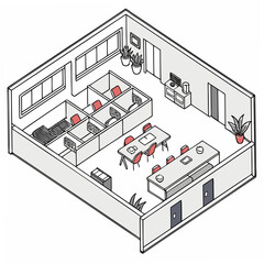 Vector art of isometric office interior with furniture and equipment isolated on white background