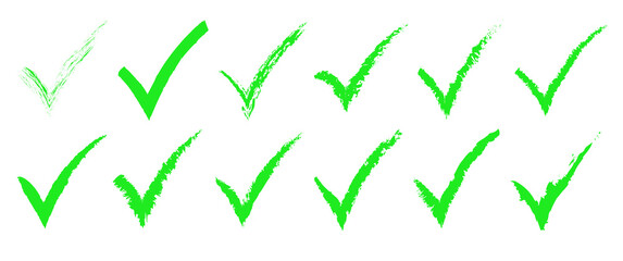 Green check mark icon set, click and right. Tick symbol in green color. Hand drawn checkmark illustration. Vector illustration