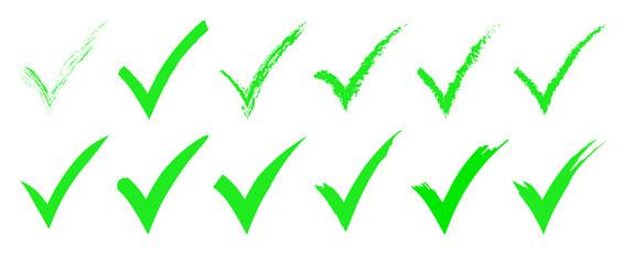 Green check mark icon set, click and right. Tick symbol in green color. Hand drawn checkmark illustration. Vector illustration