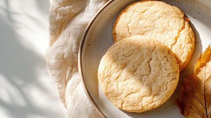 Naklejka premium Rustic overhead shot of cinnamon cookies arranged on a matte ceramic plate with detailed textures and soft golden lighting