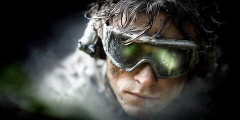 Intense 3D night vision scene of tactical soldier advancing through dense jungle with glowing green goggles and mist