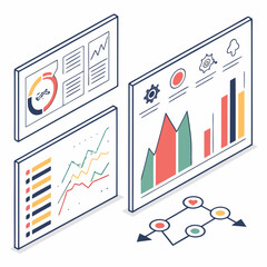 Vector art of isometric illustration of data analysis charts and diagrams on screens
