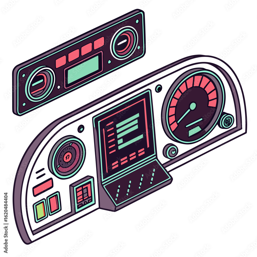 Poster vector art of isometric car dashboard isolated on white background with retro futuristic style