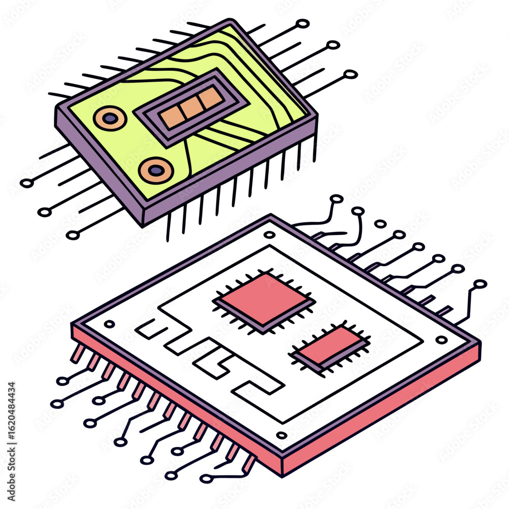 Poster vector art of two microchips on white background for electronic devices and computers