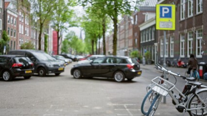 Blurred view of an outdoor european city street with parked cars, street signs, bicycles, and defocused people under a canopy of green trees.