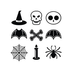 Collection of classic halloween icons in black and white