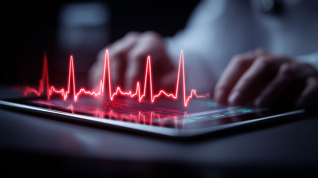Neon cardiograph pulses across a tablet during digital patient monitoring in modern cardiology.
It conveys telehealth innovation, real time heart analysis and data driven medical care. - Powered by Adobe