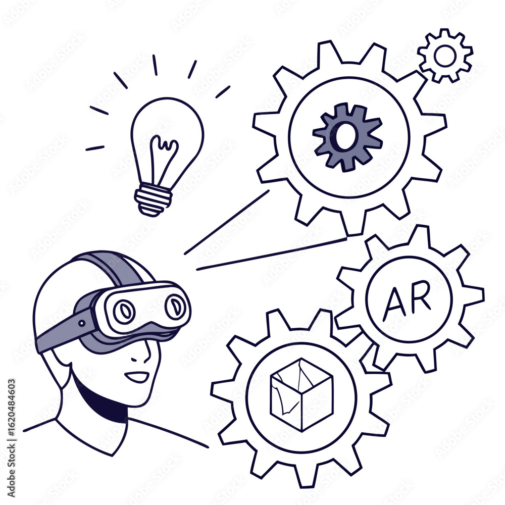 Poster vector art of augmented reality headset with gears and lightbulb isolated on white background