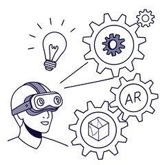 Vector art of augmented reality headset with gears and lightbulb isolated on white background