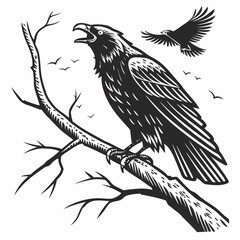 Vector art of raven perched on a branch with another raven flying isolated on white background