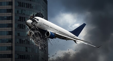 Fototapeta premium Airplane crashes into modern building with debris flying