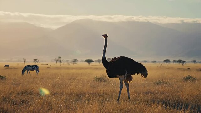 Calm nature, ostrich walking in grassy savannah, warm golden light, soft breeze rustling tall grass, calming and majestic presence
