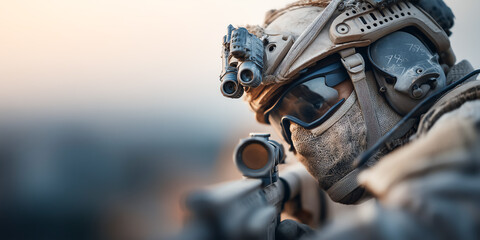 Dynamic 3D scene of tactical soldier on rooftop at dusk aiming sniper rifle with high-tech visor and digital HUD