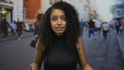 Woman with curly hair expressing surprise on a busy street with people in blurred background...