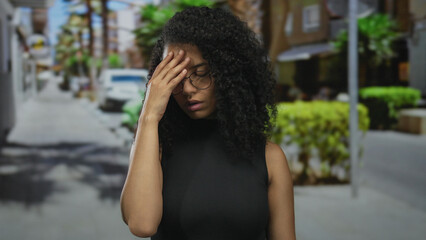 Young hispanic woman with curly hair and glasses stands on a vibrant street appearing thoughtful in...