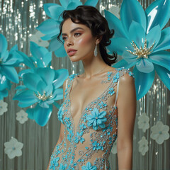 Fashion portrait of young woman in jewelry dress on floral cyan background