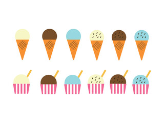 コーンアイスとカップアイス（バニラ、チョコ、ミント）のアイコンのイラストのセット
