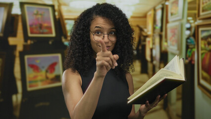 Young woman wearing glasses holds a book and beckons camera with curled finger inside an art building; welcoming.