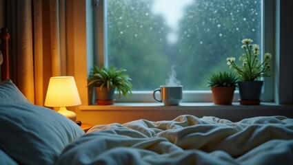 Cozy Bedroom Retreat with Rain Streaked Window and Warm Lamp Light Serenity