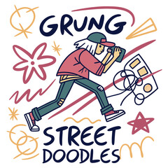 Vector art of girl with spray paint can in grunge street doodles style isolated on white background