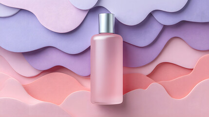 Cosmetic Bottle on Abstract Layered Pink and Purple Paper Cut Background