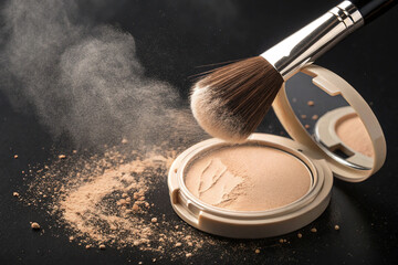 Beige powder disperses with a brush against a black textured backdrop. For beauty product photography, cosmetic branding, or makeup posters.